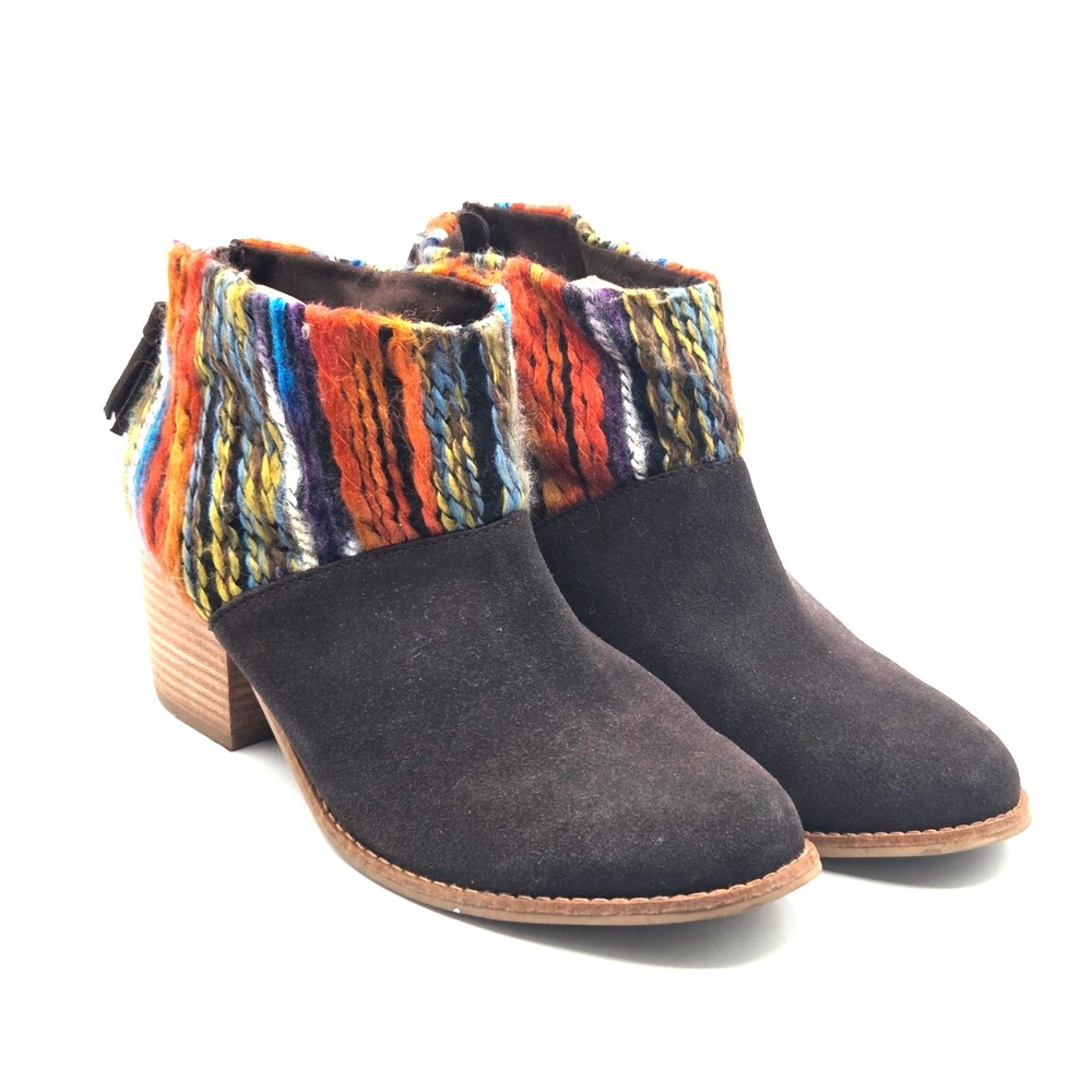 TOMS Leila Brown Suede Woven Ankle Booties Multicolor Boho Tassel Womens Size 10